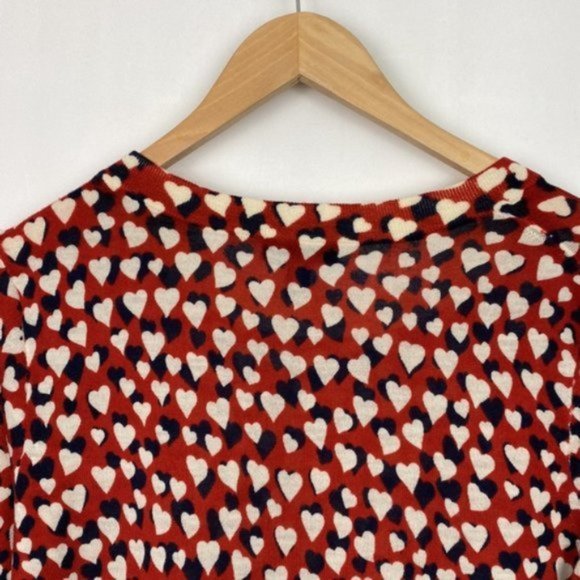 J.Crew S Tippi Printed Hearts Sweater Merino Wool Red Navy Ivory - Picture 10 of 12
